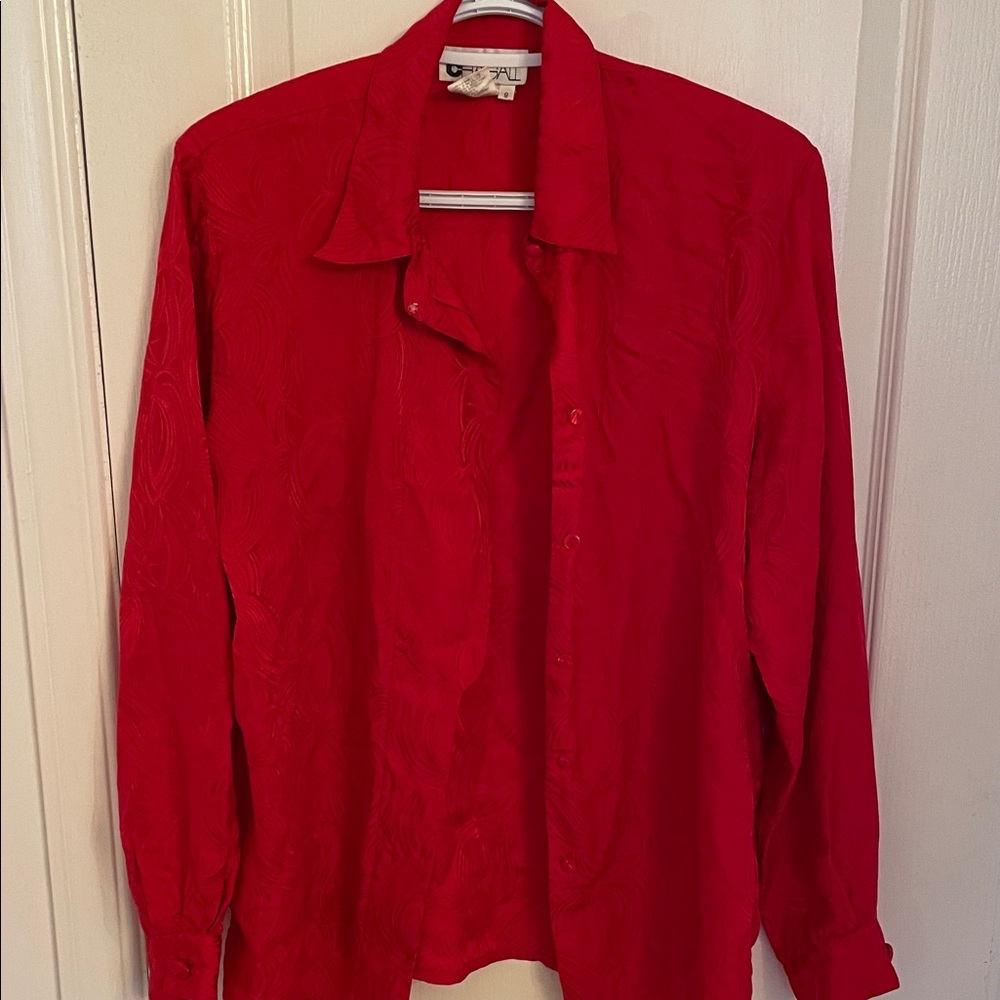 Vintage Chagall 100% Silk Bright Red Patterned Dress Shirt w Button-Up Detailing